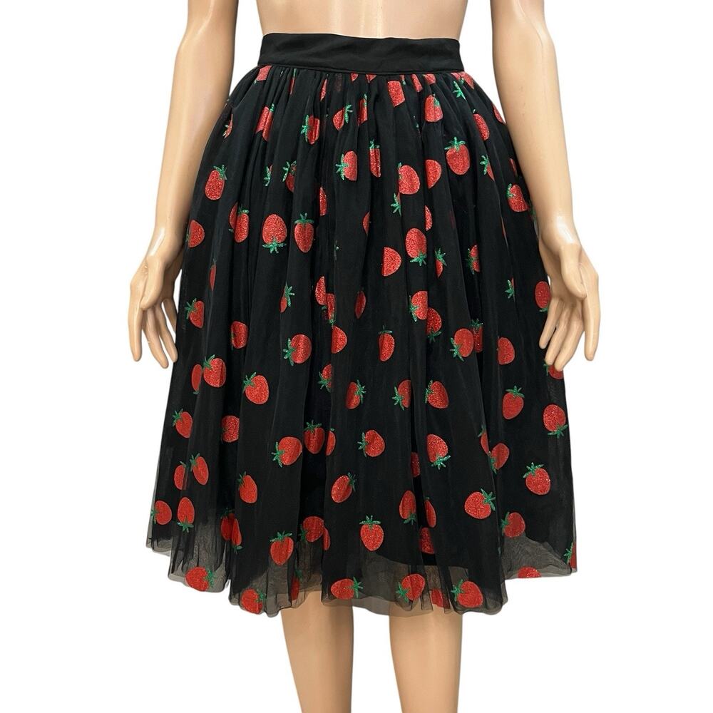 Unique Vintage Strawberry Print Tulle Skirt Small/4 Glitter Midi Cottagecore